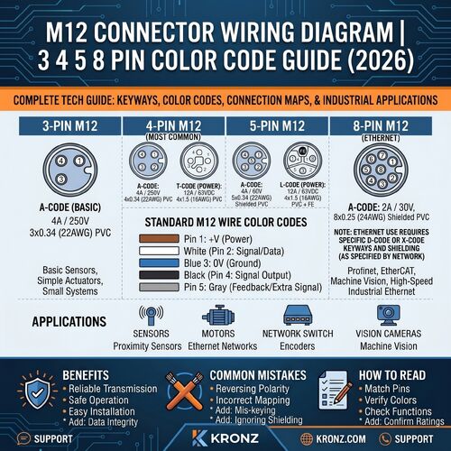 บริษัทล่าสุด บล็อกเกี่ยวกับ แผนการเชื่อมต่อสายไฟ M12 3 4 5 8 Pin Color Code Guide
